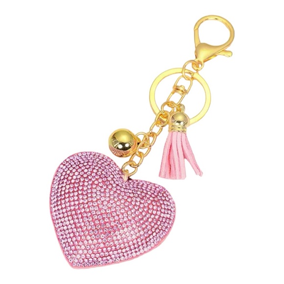 Luxury bling Rhinestone heart shape pink. Leather keyring with tassel. - Picture 1 of 1